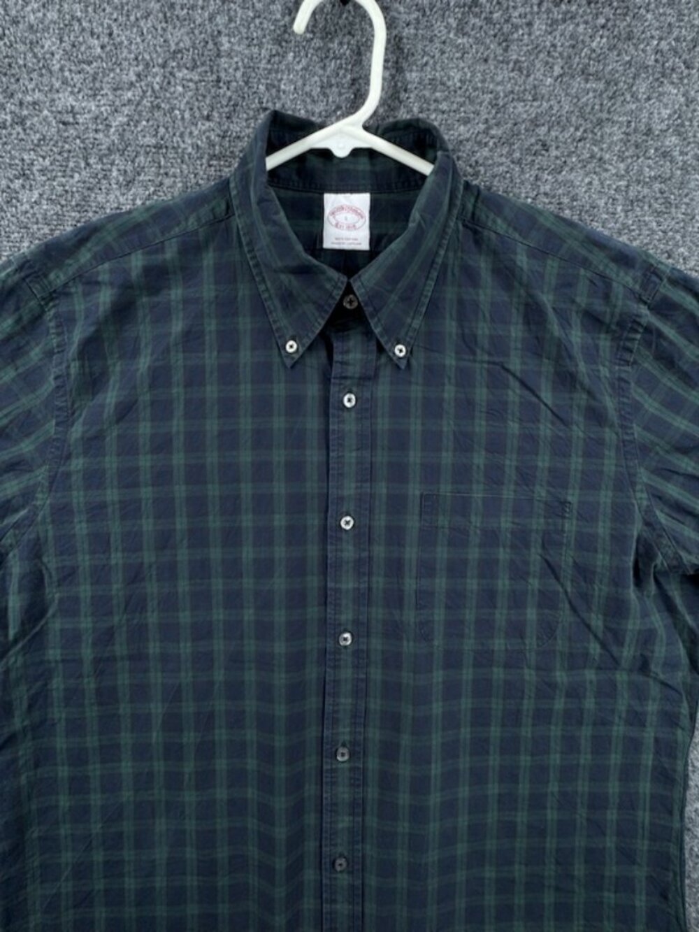 Brooks Brothers Large Button Up Cotton Plaid Green Blue Pocket Long Sleeve Woven